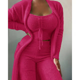 DERMEARNE Pajama Woman Winter Plus Size S-3XL Fluffy Pajamas Set for Women Casual Solid Sleepwear 3 Pieces Suit Long Pants Homewear Pijama
