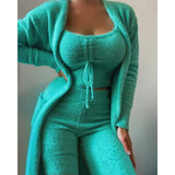 DERMEARNE Pajama Woman Winter Plus Size S-3XL Fluffy Pajamas Set for Women Casual Solid Sleepwear 3 Pieces Suit Long Pants Homewear Pijama