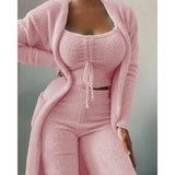 DERMEARNE Pajama Woman Winter Plus Size S-3XL Fluffy Pajamas Set for Women Casual Solid Sleepwear 3 Pieces Suit Long Pants Homewear Pijama