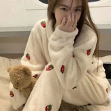 DERMEARNE Pajamas Set Women Winter Thickened Loose Warm Strawberry Printing Pants Suit Two-piece Coral Fleece Ladies Sleepwear Pajamas Set