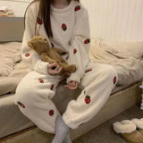 DERMEARNE Pajamas Set Women Winter Thickened Loose Warm Strawberry Printing Pants Suit Two-piece Coral Fleece Ladies Sleepwear Pajamas Set