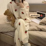 DERMEARNE Pajamas Set Women Winter Thickened Loose Warm Strawberry Printing Pants Suit Two-piece Coral Fleece Ladies Sleepwear Pajamas Set