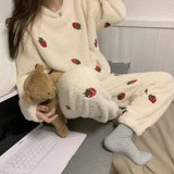 DERMEARNE Pajamas Set Women Winter Thickened Loose Warm Strawberry Printing Pants Suit Two-piece Coral Fleece Ladies Sleepwear Pajamas Set