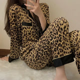 DERMEARNE Pajamas for Women Spring Autumn Korean Cardigan Long Sleeved Sexy Leopard Print Home Clothing Set Milk Silk Pajamas for Women
