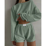 DERMEARNE Pajamas for Women Summer Sleepwear Hollow Out Pajama Long Sleeve Tops Shorts Pyjama 2 Piece Set Homewear Nightwear Pijama Mujer