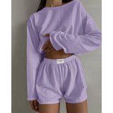 DERMEARNE Pajamas for Women Summer Sleepwear Hollow Out Pajama Long Sleeve Tops Shorts Pyjama 2 Piece Set Homewear Nightwear Pijama Mujer