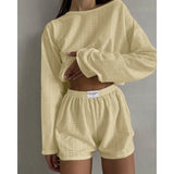 DERMEARNE Pajamas for Women Summer Sleepwear Hollow Out Pajama Long Sleeve Tops Shorts Pyjama 2 Piece Set Homewear Nightwear Pijama Mujer