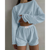 DERMEARNE Pajamas for Women Summer Sleepwear Hollow Out Pajama Long Sleeve Tops Shorts Pyjama 2 Piece Set Homewear Nightwear Pijama Mujer