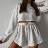 DERMEARNE Pajamas for Women Summer Sleepwear Hollow Out Pajama Long Sleeve Tops Shorts Pyjama 2 Piece Set Homewear Nightwear Pijama Mujer