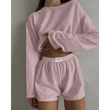 DERMEARNE Pajamas for Women Summer Sleepwear Hollow Out Pajama Long Sleeve Tops Shorts Pyjama 2 Piece Set Homewear Nightwear Pijama Mujer