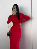 DERMEARNE Party Dresses For Women Fashion Sexy Solid Full Sleeves O-Neck Split Bodycon Sheath Long Vestidos Robes Female Elegant Regular