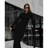 DERMEARNE Party Dresses For Women Fashion Sexy Solid Full Sleeves O-Neck Split Bodycon Sheath Long Vestidos Robes Female Elegant Regular