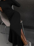 DERMEARNE Party Dresses For Women Fashion Sexy Solid Full Sleeves O-Neck Split Bodycon Sheath Long Vestidos Robes Female Elegant Regular
