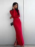 DERMEARNE Party Dresses For Women Fashion Sexy Solid Full Sleeves O-Neck Split Bodycon Sheath Long Vestidos Robes Female Elegant Regular