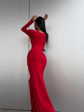 DERMEARNE Party Dresses For Women Fashion Sexy Solid Full Sleeves O-Neck Split Bodycon Sheath Long Vestidos Robes Female Elegant Regular