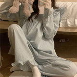 DERMEARNE Plaid Sleepwear Women Pajama Sets Autumn Korean Pants Sets 2 Pieces Piiama Square Collar Night Wears Long Sleeve Home Suit New