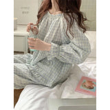 DERMEARNE Plaid Sleepwear Women Pajama Sets Ruffles Piiama Long Sleeve Pants Sets 2 Pieces O-neck Night Wears Korean Autumn Home Suit New