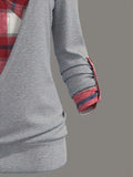 DERMEARNE Plus Size 2-in-1 Grey Plaid Print T-Shirt Casual Button Long Sleeve Top for Spring & Fall Women's Plus Size Clothing 2024