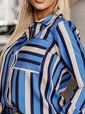 DERMEARNE Plus Size Casual Blouse, Women's Plus Stripe Print Long Sleeve Button Up Lapel Collar Shirt Top