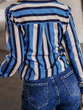 DERMEARNE Plus Size Casual Blouse, Women's Plus Stripe Print Long Sleeve Button Up Lapel Collar Shirt Top