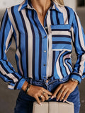 DERMEARNE Plus Size Casual Blouse, Women's Plus Stripe Print Long Sleeve Button Up Lapel Collar Shirt Top