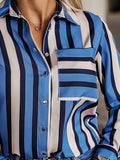 DERMEARNE Plus Size Casual Blouse, Women's Plus Stripe Print Long Sleeve Button Up Lapel Collar Shirt Top