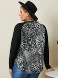 DERMEARNE Plus Size Casual Leopard T-shirt Women Long Raglan Sleeve Color Blocked Spring Autumn Elegant Knitting Top Blouse 4XL 5XL 6XL 7X