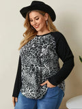 DERMEARNE Plus Size Casual Leopard T-shirt Women Long Raglan Sleeve Color Blocked Spring Autumn Elegant Knitting Top Blouse 4XL 5XL 6XL 7X