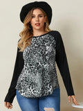 DERMEARNE Plus Size Casual Leopard T-shirt Women Long Raglan Sleeve Color Blocked Spring Autumn Elegant Knitting Top Blouse 4XL 5XL 6XL 7X