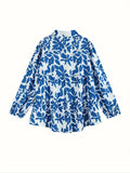 DERMEARNE Plus Size Floral Print Blouse, Casual Button Front Long Sleeve Blouse For Spring, Women's Plus Size Clothing