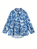 DERMEARNE Plus Size Floral Print Blouse, Casual Button Front Long Sleeve Blouse For Spring, Women's Plus Size Clothing