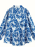 DERMEARNE Plus Size Floral Print Blouse, Casual Button Front Long Sleeve Blouse For Spring, Women's Plus Size Clothing