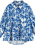 DERMEARNE Plus Size Floral Print Blouse, Casual Button Front Long Sleeve Blouse For Spring, Women's Plus Size Clothing