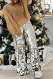 DERMEARNE Plus Size Party Pant Silver Straight Leg Asymmetrical Sequin Pant High Waist Flare Pant Trousers Spring Fashion Women Pants