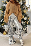 DERMEARNE Plus Size Party Pant Silver Straight Leg Asymmetrical Sequin Pant High Waist Flare Pant Trousers Spring Fashion Women Pants