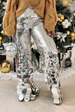 DERMEARNE Plus Size Party Pant Silver Straight Leg Asymmetrical Sequin Pant High Waist Flare Pant Trousers Spring Fashion Women Pants