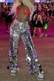 DERMEARNE Plus Size Party Pant Silver Straight Leg Asymmetrical Sequin Pant High Waist Flare Pant Trousers Spring Fashion Women Pants
