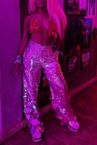 DERMEARNE Plus Size Party Pant Silver Straight Leg Asymmetrical Sequin Pant High Waist Flare Pant Trousers Spring Fashion Women Pants