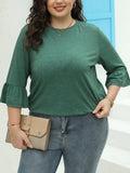 DERMEARNE Plus Size Solid High Low Hem Longline Top, Casual Long Sleeve Top For Spring & Fall, Women's Plus Size Clothing