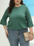 DERMEARNE Plus Size Solid High Low Hem Longline Top, Casual Long Sleeve Top For Spring & Fall, Women's Plus Size Clothing