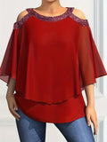 DERMEARNE Plus Size  Wome's Off Shoulder Short Sleeve Blouses Print Decoration Chiffon Shirts Ladies Clothing Female Blusas Women Tops