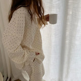 DERMEARNE Polka Dot Sleepwear Women Pajama Sets Lace Piiama Autumn Pants Sets for Women 2 Pieces Long Sleeve Night Wears Ruffles Home Suit
