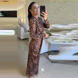 DERMEARNE Print Leopard Dresses Pullover Sexy V Neck Long Sleeve Spliced Party Dress Sashes Vestidos Ankle Length Casual Loose Fit