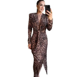 DERMEARNE Print Leopard Dresses Pullover Sexy V Neck Long Sleeve Spliced Party Dress Sashes Vestidos Ankle Length Casual Loose Fit