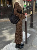 DERMEARNE Print Retro Dress for Women Fashion Bodycon High Waist Maxi Dresses Women's Autumn Street Slim Long Dress Femme New Sexy Dress