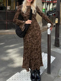 DERMEARNE Print Retro Dress for Women Fashion Bodycon High Waist Maxi Dresses Women's Autumn Street Slim Long Dress Femme New Sexy Dress