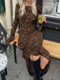 DERMEARNE Print Retro Dress for Women Fashion Bodycon High Waist Maxi Dresses Women's Autumn Street Slim Long Dress Femme New Sexy Dress