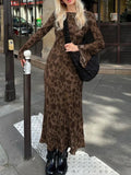 DERMEARNE Print Retro Dress for Women Fashion Bodycon High Waist Maxi Dresses Women's Autumn Street Slim Long Dress Femme New Sexy Dress