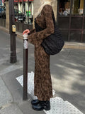 DERMEARNE Print Retro Dress for Women Fashion Bodycon High Waist Maxi Dresses Women's Autumn Street Slim Long Dress Femme New Sexy Dress