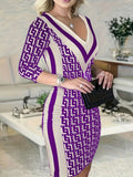 DERMEARNE Print Skinny Dress For Women 2024 Spring Patchwor Sexy V-Neck Package hip Bodycon Party Mini Dresses Casual Long Sleeve Vestidos